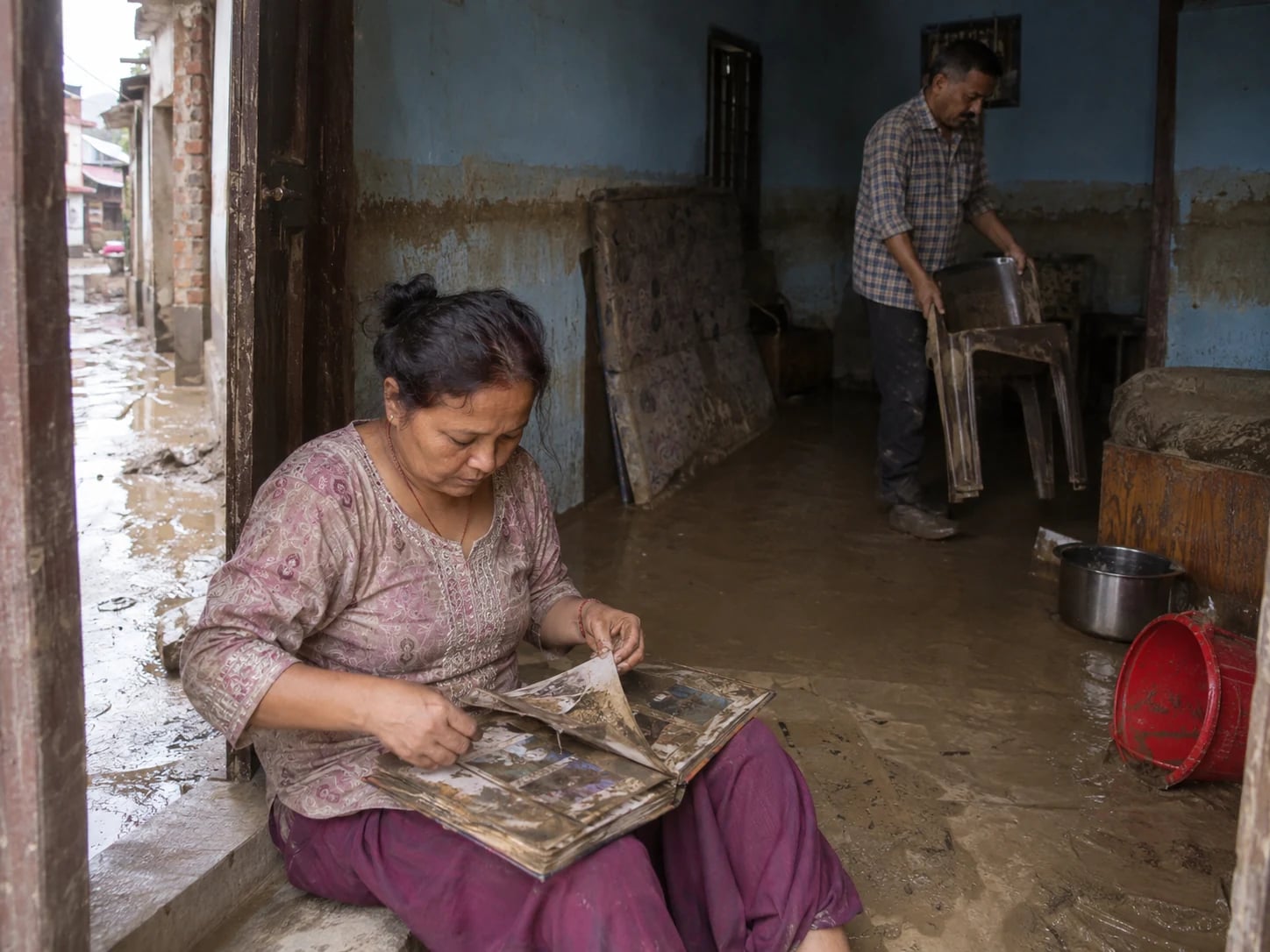 A woman looking through a damaged photo album inside a flood-affected home