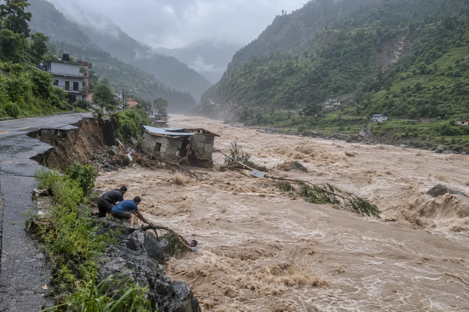 A swollen river beside damaged homes and a broken hillside road