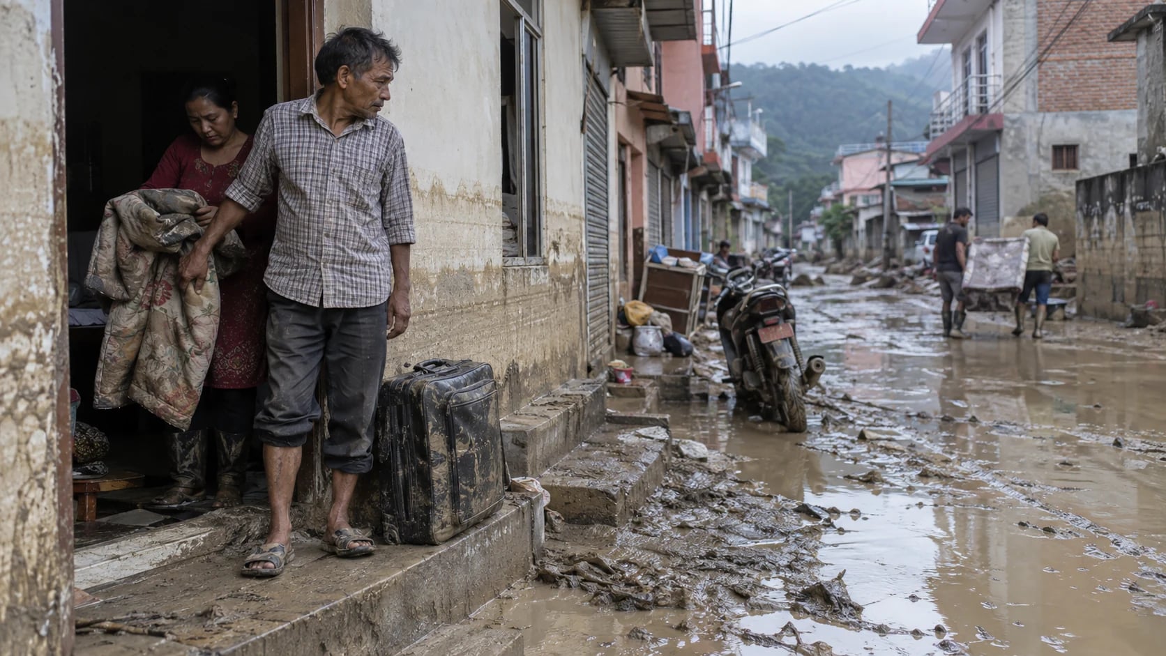 People outside homes along a muddy street after flooding
